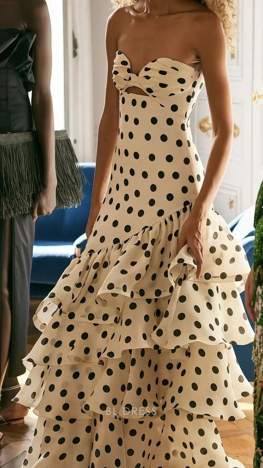 Strapless Mermaid Long Prom Dresses Dots Ruffle Sleeveless Party Dress AB1761