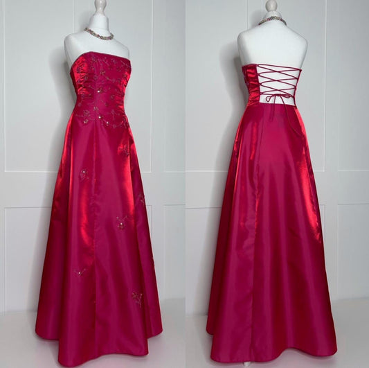 Vintage A-Linien-Kleid, trägerlos, pinkfarbener Satin mit Perlenapplikationen, formelles Abendkleid, Maxikleid, Ballkleid, ästhetisches Partykleid für Damen AB1203