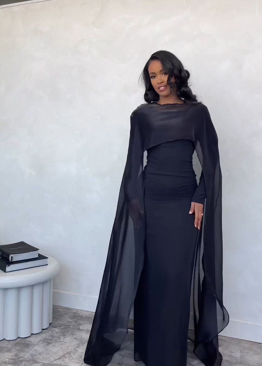 Cocktailkleid für Damen im 90er-Jahre-Stil, Etuikleid aus schwarzem Chiffon mit langen Ärmeln und Cape, langes Abendkleid für Abschlussfeiern, Ballkleid AB1870
