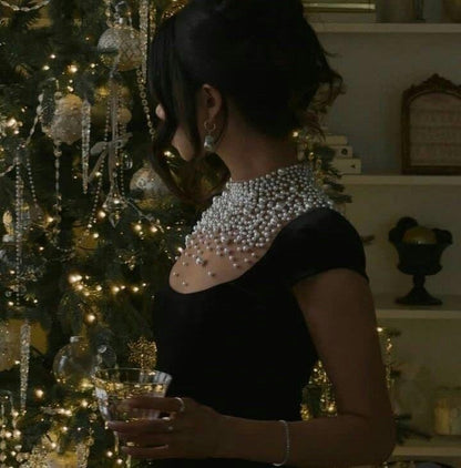 Robe de soirée en velours noir ornée de perles, robe de fête, robe de bal d'anniversaire AB1634
