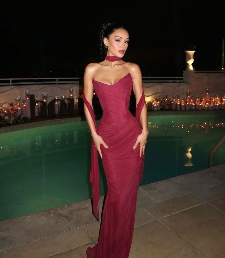 Sexy zweiteiliges Set: Mesh-Korsett-Top und Maxirock, rotes Valentinstags-Outfit, Damen-Abendkleid AB1636