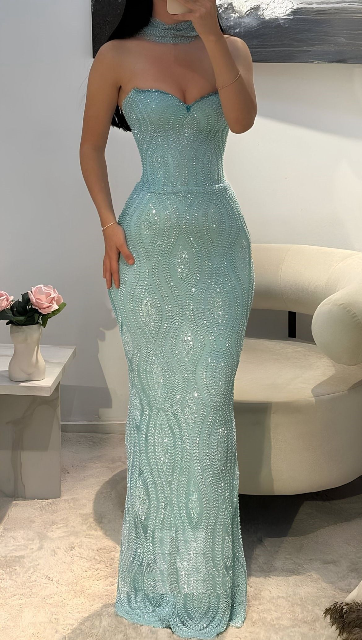Robe de soirée longue bleue à paillettes en forme de cœur, robes de bal sirène à sequins pour adolescentes et femmes N4100