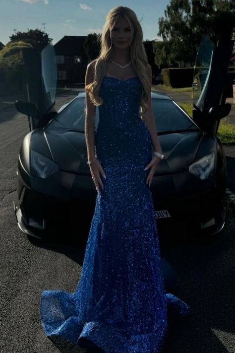 Shiny Royal Blue Mermaid Spaghetti Straps Long Beaded Prom Dress Party Gowns RB1671