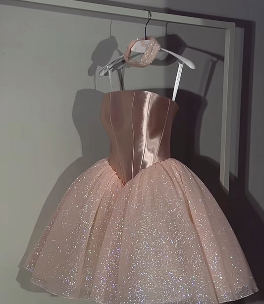 Classy Ball Gown Strapless Blush Pink Tulle Mini Short High School Impress Inspo Graduation Dress Homecoming Dresses RB3431
