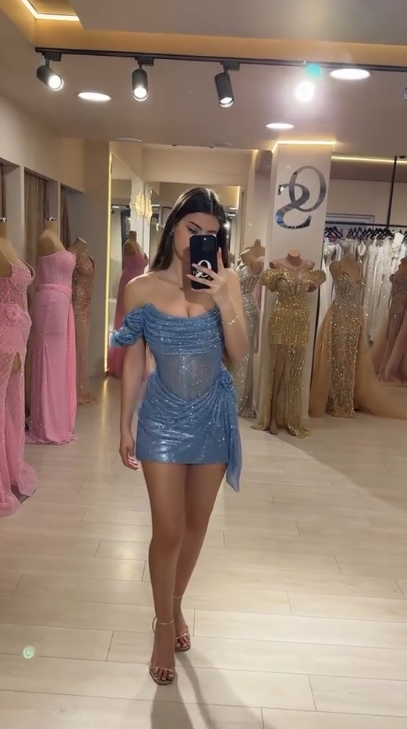 Robe de bal courte moulante bustier à sequins bleus avec volants mini inspiration senior N4751