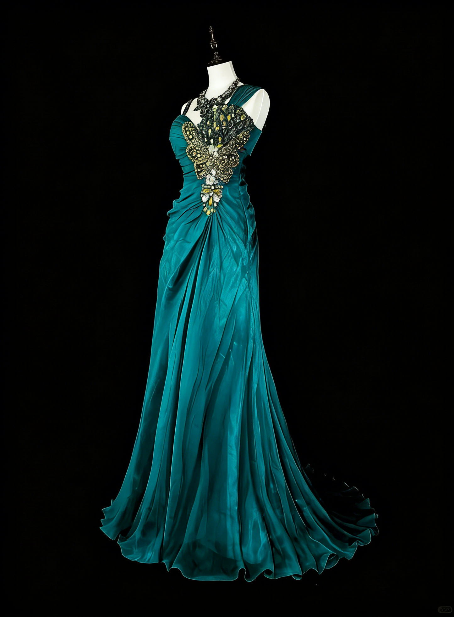 Vintage Meerjungfrauen-Kleid in Grün aus den 70er Jahren mit plissierten goldenen Perlen, langes Ballkleid, Partykleid N1837