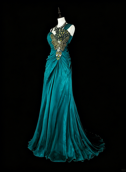 Vintage Meerjungfrauen-Kleid in Grün aus den 70er Jahren mit plissierten goldenen Perlen, langes Ballkleid, Partykleid N1837