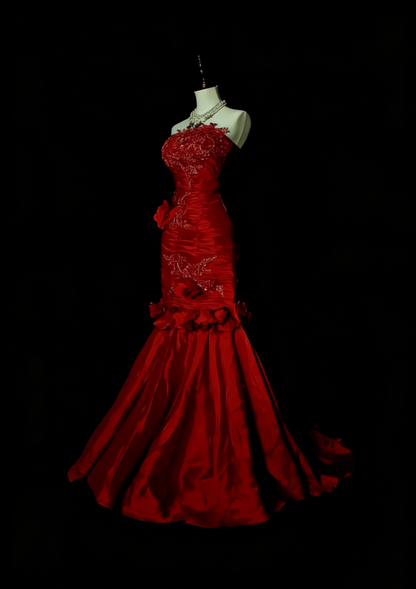 Vintage Meerjungfrauen-Kleid, trägerlos, rot, Tüllapplikationen, ärmellos, 80er Jahre, ärmelloses Ballkleid, langes formelles Abendkleid N1440