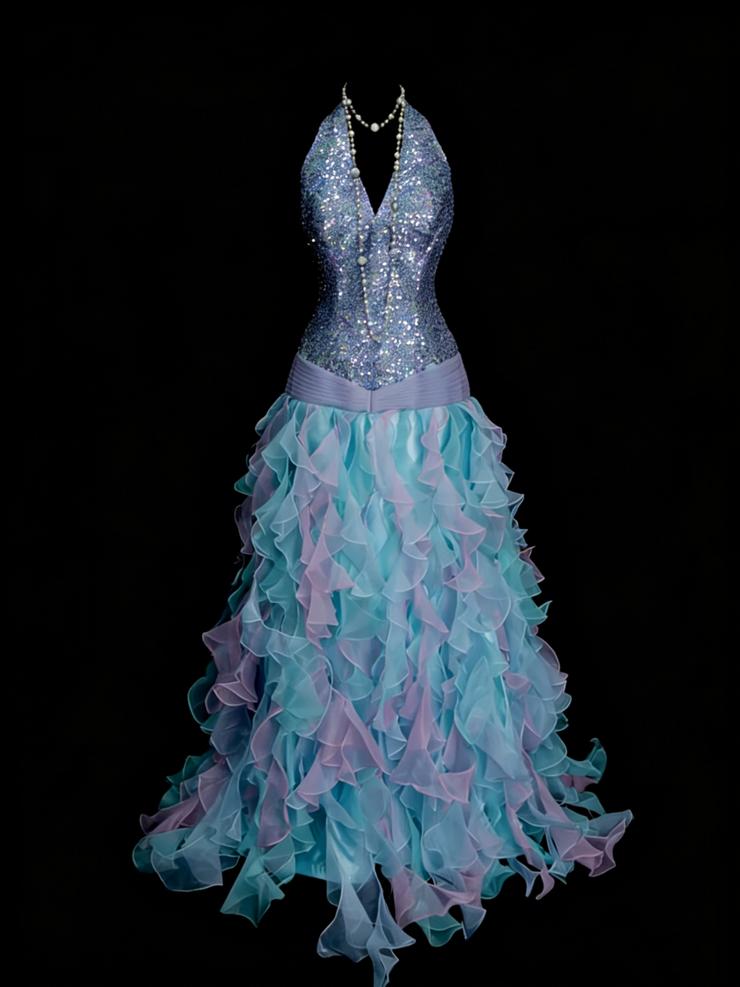 Niedliches Ballkleid, Neckholder, Blau mit gestuften Lagen, Rüschen, lange Partykleider, Ballkleider N2143