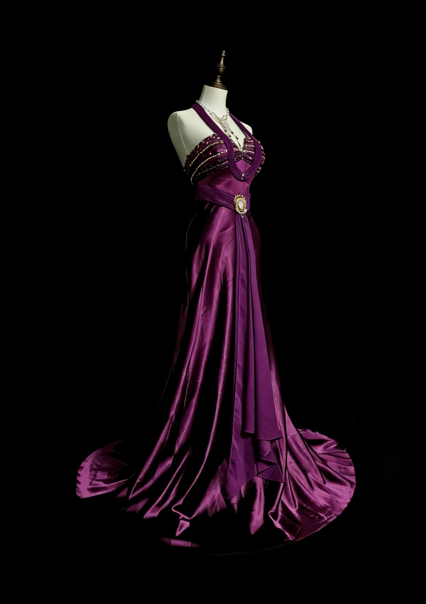 Robe de bal rétro sirène dos nu en satin violet avec perles et sans manches, style années 70, robe de soirée longue et formelle N1494