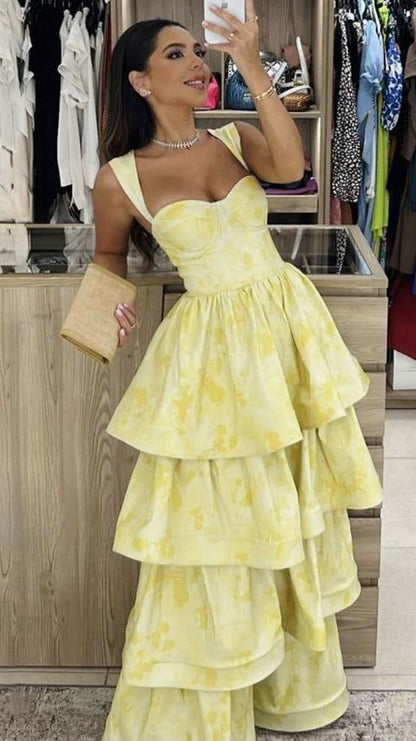 Yellow Printing Yellow Satin A-Line Tiered Sleeveless Long Prom Formal Dress Vestidos De Dia AB500