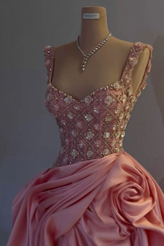 Women Square Straps Floral Beaded Ruched A-Line Prom Dresses Evening Gowns AB505