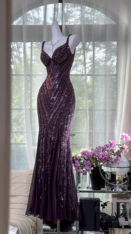 Robe de bal longue élégante et luxueuse, ornée de perles violettes, style sirène, modèle AB492