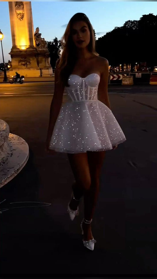 Glitter Ball Gown Sweetheart White Sequin Mini Short Hoco Party Birthday Dress Ideas Homecoming Dresses RB4088