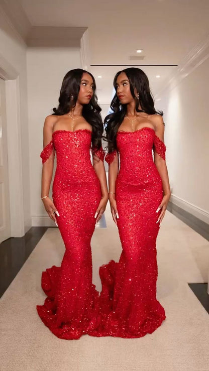 Gorgeous Mermaid Off The Shoulder Red Sequins Beaded Bodice Prom Dresses Long Formal Party Gown AB371