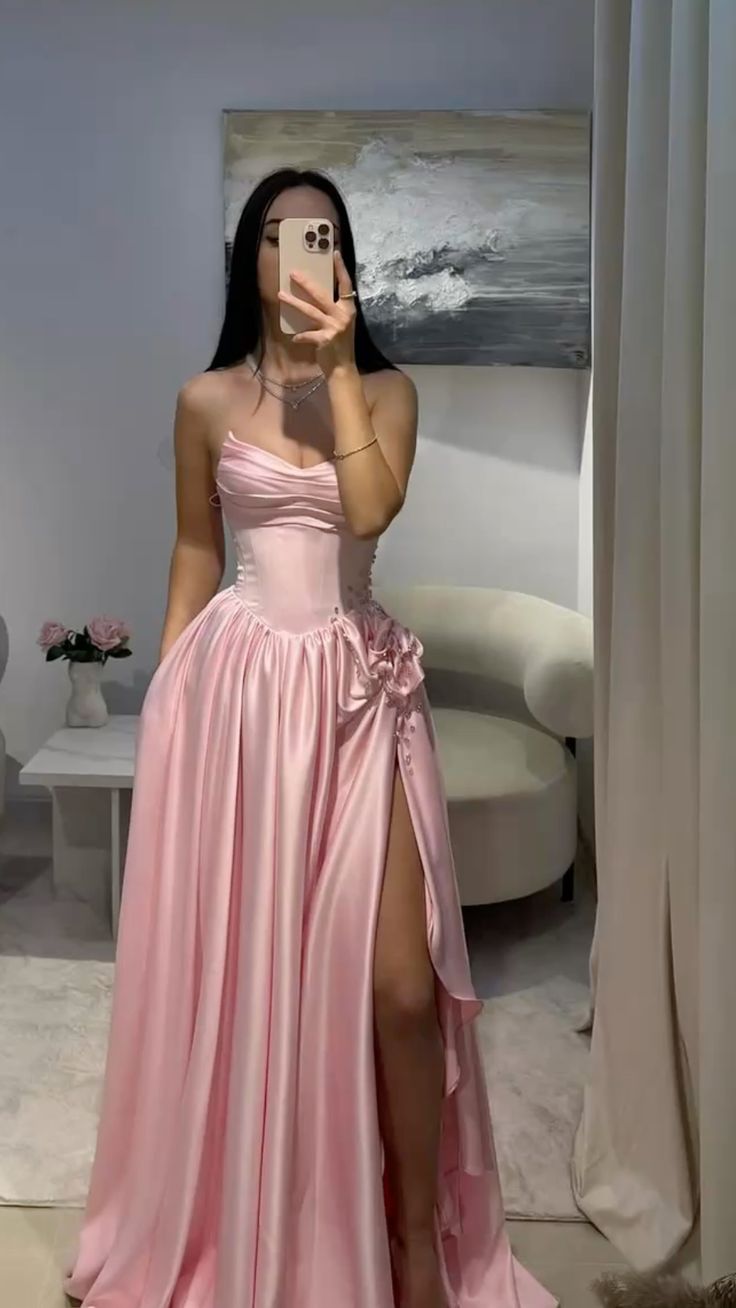Classy A Line Sweetheart Pink Satin Split Prom Dresses Inspo For Teens Formal Dress Party Outfits Prom Gowns AB051