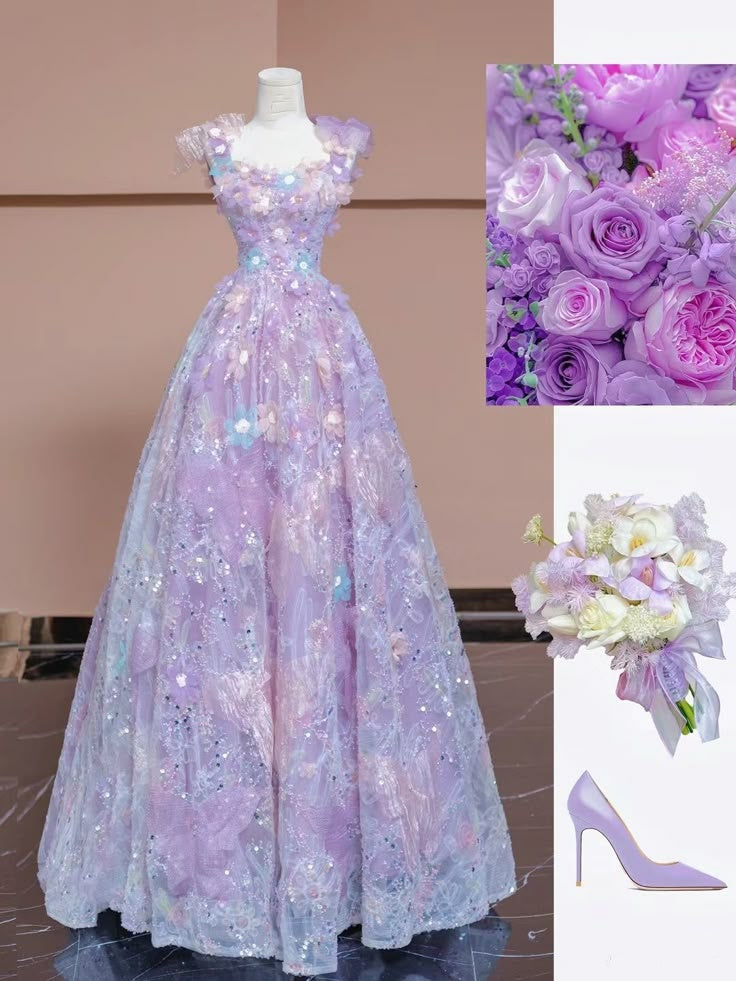 Robe de bal ravissante à bretelles, en dentelle florale lilas, inspiration pour adolescentes, tenue de soirée, robe de bal AB097