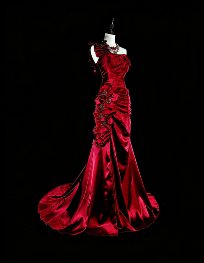 Vintage Meerjungfrauen-Abschlussballkleider One Shoulder Dunkelburgunder Satin mit Perlenstickerei 90er Jahre Langes Abendkleid N2710