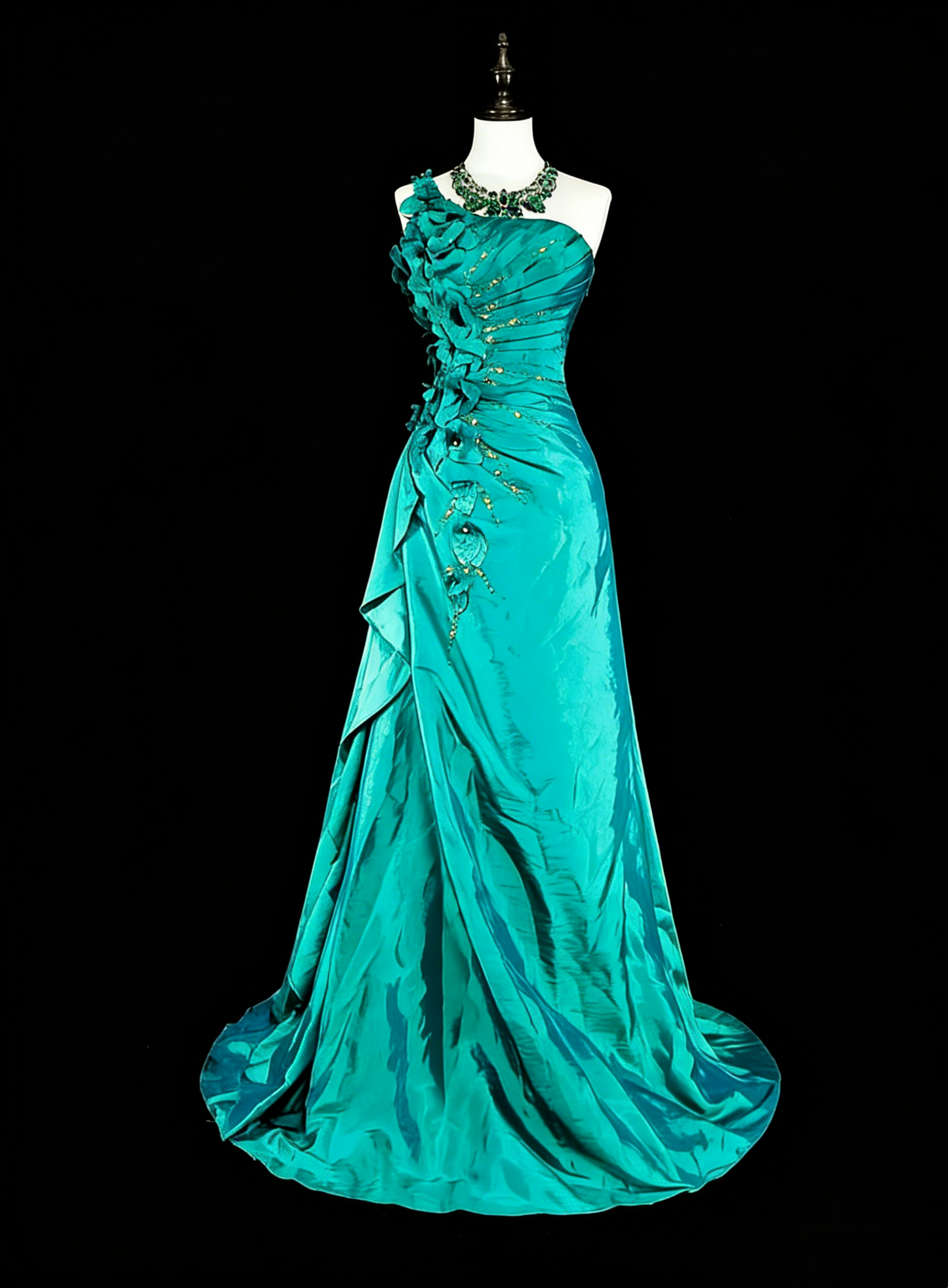 Vintage Meerjungfrauen-Abendkleid, schulterfrei, grün, 70er Jahre, mit Falten und Perlen, langes Ballkleid, Partykleid N1838