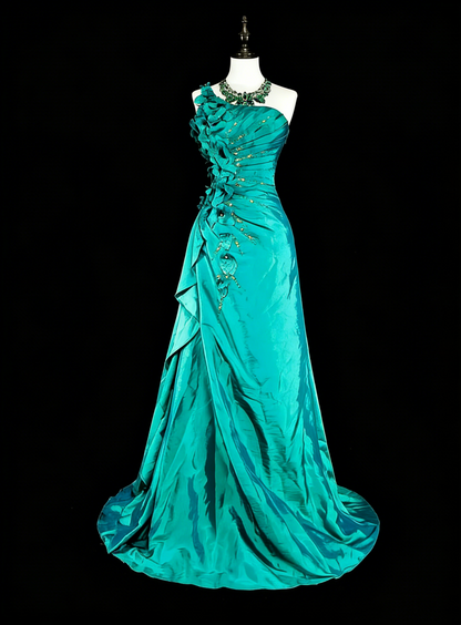 Vintage Meerjungfrauen-Abendkleid, schulterfrei, grün, 70er Jahre, mit Falten und Perlen, langes Ballkleid, Partykleid N1838