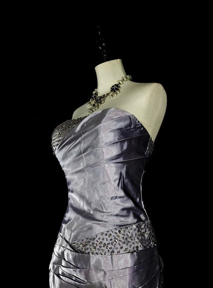 Vintage-Abendkleider, ästhetisches Meerjungfrauen-Trägerloses silbergraues Taftkleid, klassisches Partykleid N2001