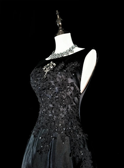 Vintage Abschlussballkleider Ästhetisch A-Linie Rundhals Schwarz Tüll mit Applikationen Langes Abendkleid N2158