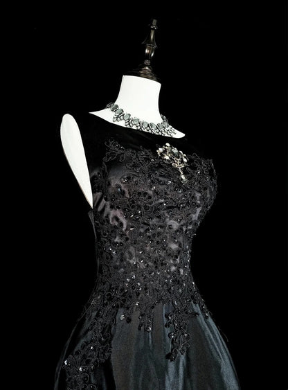 Vintage Abschlussballkleider Ästhetisch A-Linie Rundhals Schwarz Tüll mit Applikationen Langes Abendkleid N2158