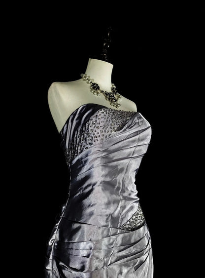 Vintage-Abendkleider, ästhetisches Meerjungfrauen-Trägerloses silbergraues Taftkleid, klassisches Partykleid N2001