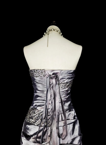 Vintage-Abendkleider, ästhetisches Meerjungfrauen-Trägerloses silbergraues Taftkleid, klassisches Partykleid N2001