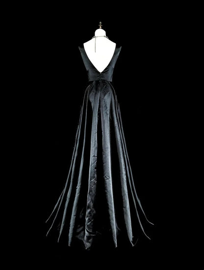 Vintage Abschlussballkleider Ästhetisch A-Linie Rundhals Schwarz Tüll mit Applikationen Langes Abendkleid N2158