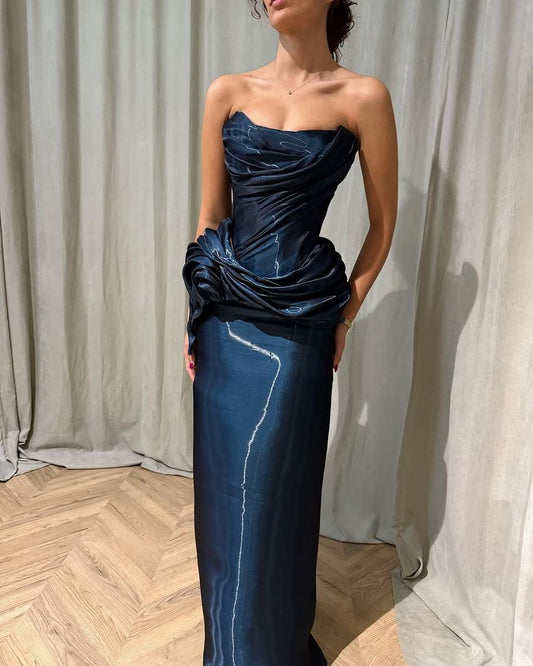 Mermaid Floor Length Strapless Sleeveless Long Prom Dresses Pleated Party Dresses For Women AB1471