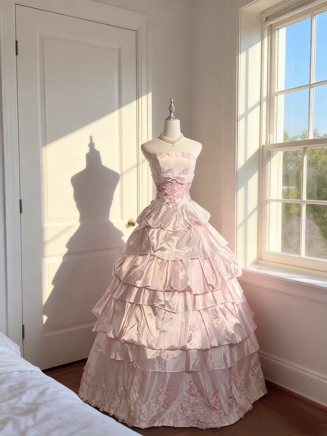 Verträumtes Ballkleid Trägerloses rosa spitzenbesetztes Quince-Kleid mit Applikationen Langes Sweet 16 Quinceañera Kleider Vestido de princesa RB4501
