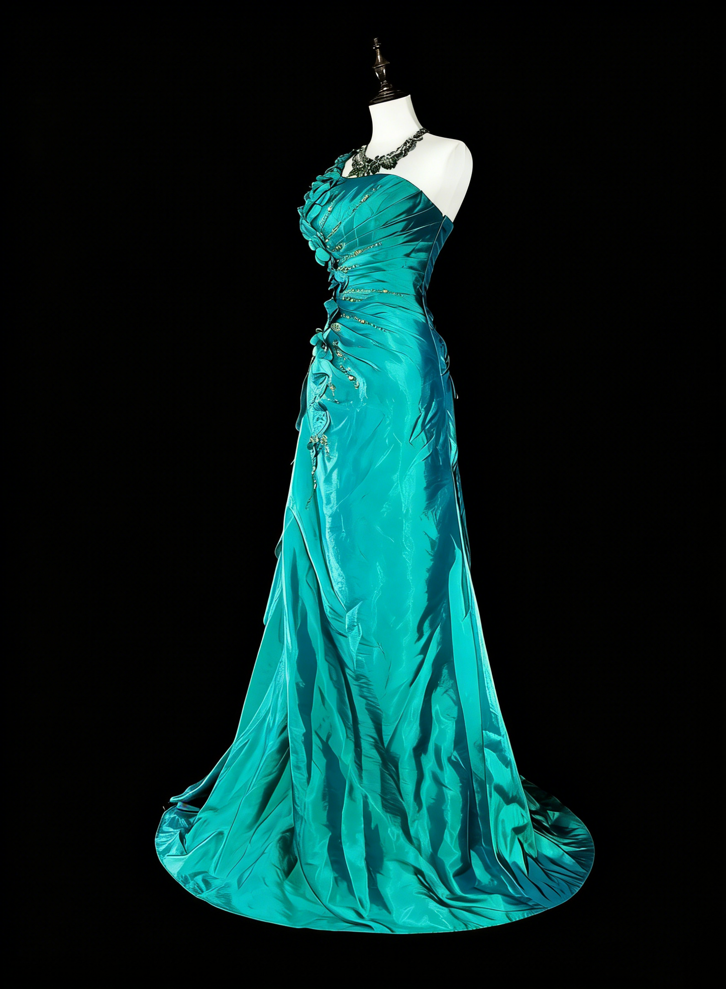Vintage Meerjungfrauen-Abendkleid, schulterfrei, grün, 70er Jahre, mit Falten und Perlen, langes Ballkleid, Partykleid N1838