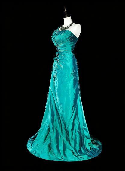 Vintage Meerjungfrauen-Abendkleid, schulterfrei, grün, 70er Jahre, mit Falten und Perlen, langes Ballkleid, Partykleid N1838