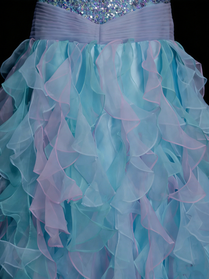 Niedliches Ballkleid, Neckholder, Blau mit gestuften Lagen, Rüschen, lange Partykleider, Ballkleider N2143
