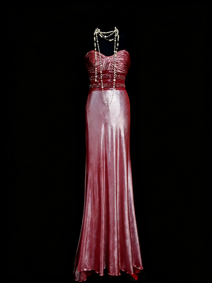 Robe de bal longue sirène élégante en satin rose, décolleté cœur, pour lycéennes, N1247