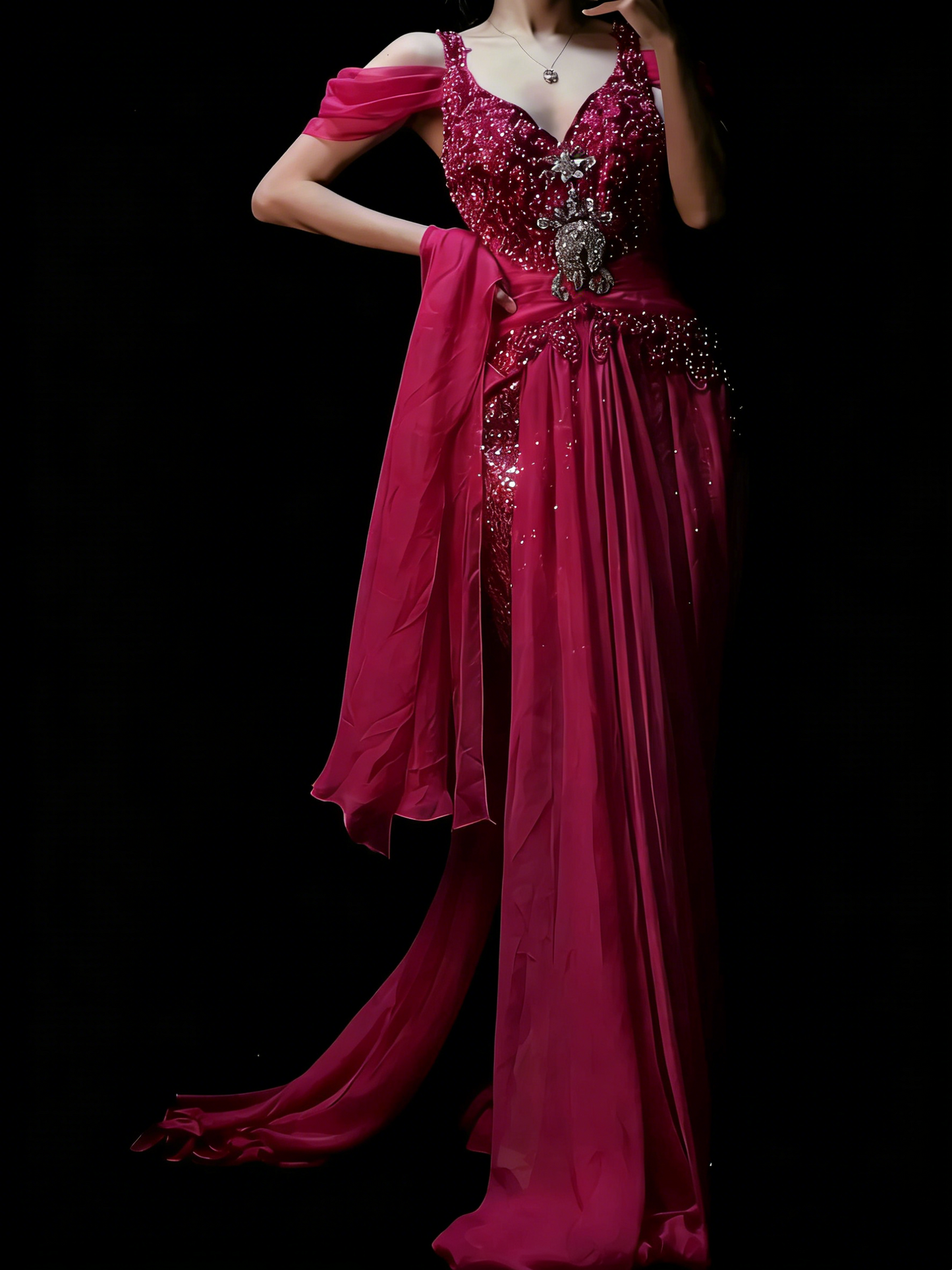 Elegantes Meerjungfrauen-Kleid aus pinkfarbenem Chiffon mit perlenbesetztem Oberteil – langes Ballkleid für Teenager (N1190)