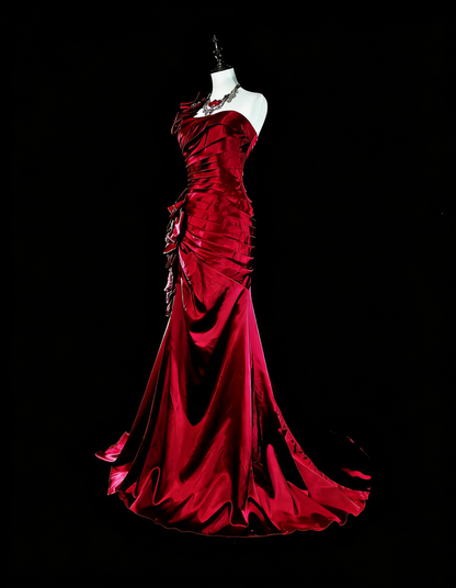 Vintage Meerjungfrauen-Abschlussballkleider One Shoulder Dunkelburgunder Satin mit Perlenstickerei 90er Jahre Langes Abendkleid N2710