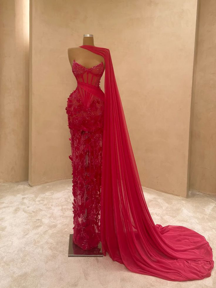 Robe de bal sirène élégante et raffinée, décolleté cœur, robe de soirée longue en dentelle rose fuchsia fendue sur la jambe, tenue de bal AB764