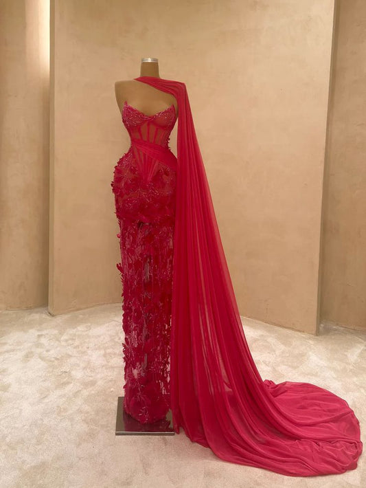 Robe de bal sirène élégante et raffinée, décolleté cœur, robe de soirée longue en dentelle rose fuchsia fendue sur la jambe, tenue de bal AB764