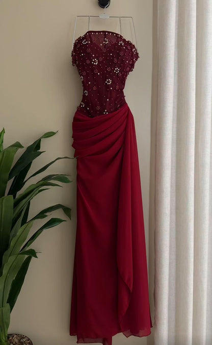 Robe de bal sirène élégante à bretelles spaghetti, en mousseline de soie rouge foncé bordeaux, inspiration pour adolescentes, tenue de soirée formelle, robes de bal RB2173