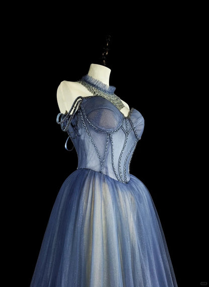 Vintage Abschlussballkleider Ästhetik 1950er Retro A-Linie Spaghettiträger Blau Tüll Langes Partykleid N2369