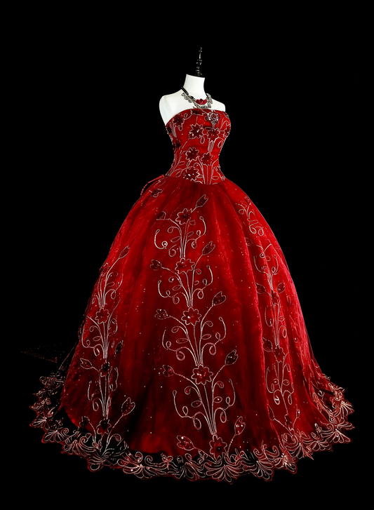 Cute Ball Gown Strapless Burgundy Wine Red Tulle With Appliqued Sweet 16 Dresses Quinceanera Dress N3415