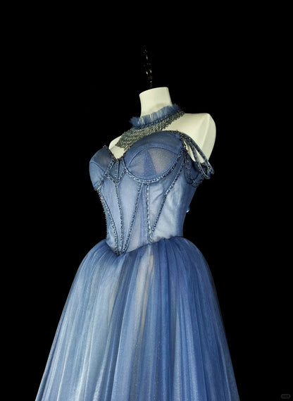 Vintage Abschlussballkleider Ästhetik 1950er Retro A-Linie Spaghettiträger Blau Tüll Langes Partykleid N2369