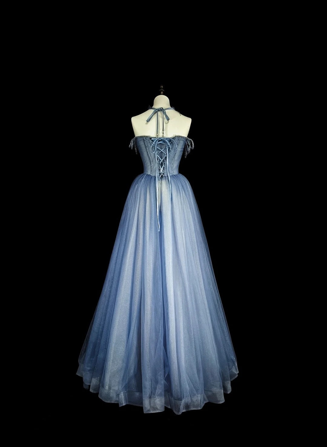 Vintage Abschlussballkleider Ästhetik 1950er Retro A-Linie Spaghettiträger Blau Tüll Langes Partykleid N2369