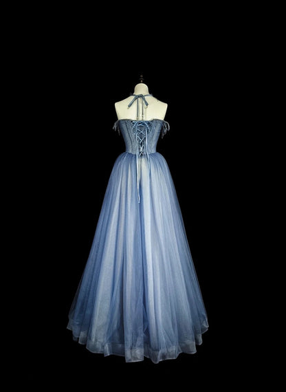 Vintage Abschlussballkleider Ästhetik 1950er Retro A-Linie Spaghettiträger Blau Tüll Langes Partykleid N2369