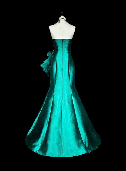 Robe de bal longue vintage sirène vert satin années 70, bustier cœur, taille 4 N1834