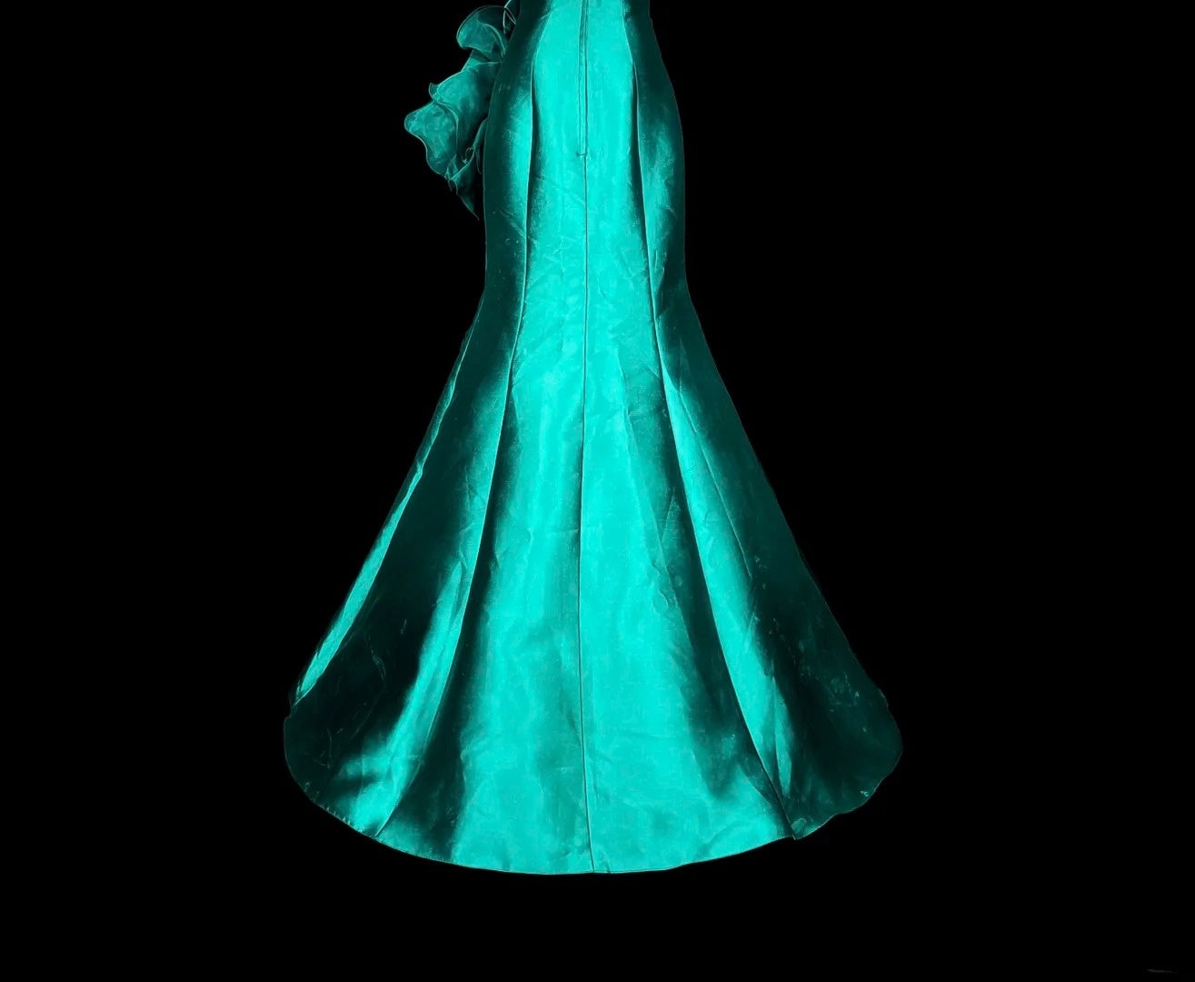 Robe de bal longue vintage sirène vert satin années 70, bustier cœur, taille 4 N1834