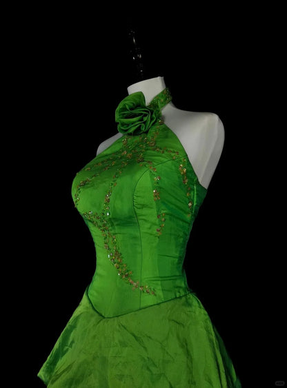Robe de bal vintage esthétique sirène rétro années 50, longue robe de soirée verte à licou N2020
