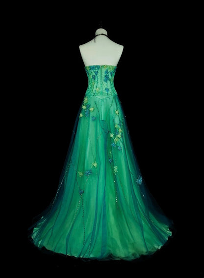 Vintage A-Linie Sweetheart Grün Tüll Mit Perlen Edelsteinkristallen Abendkleid Lang Ballkleider N2699